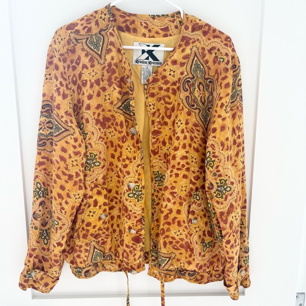 Vintage Kriss Xross 100% Silk Paisley Leopard Print Blouse Jacket Medium